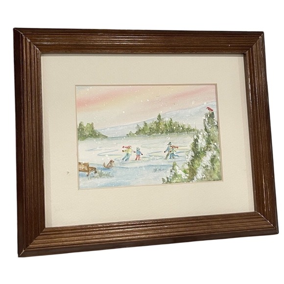 Other - Vintage Framed Watercolor Art Painting Winter Scene Snow Signed CH 2002 Matted